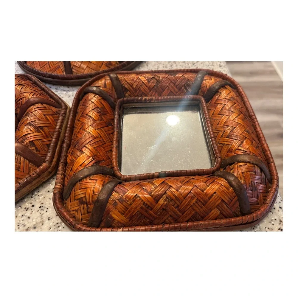 Vintage Woven Rattan Bamboo Wall Mirror Set 3 Brown Boho Nautical  Coastal MCM